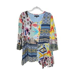 Caleesa Patchwork Blouse Womens 3X Multicolor Boho Tribal Ruffle Asymmetric Hem